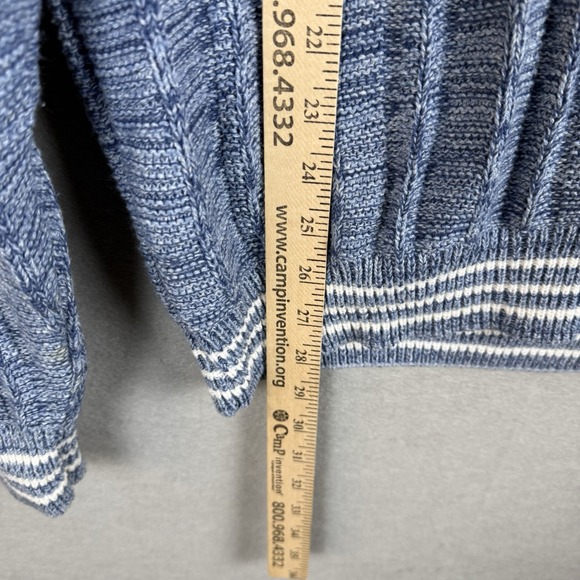 Vtg Jantzen Mens Blue Cable Knit V-Neck Sweater Made in USA Large Striped Trim - Picture 4 of 5